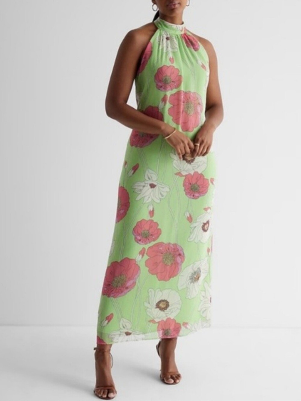 Express Halter-Neck Floral Maxi Dress in Lime Green With Pink And White Florals